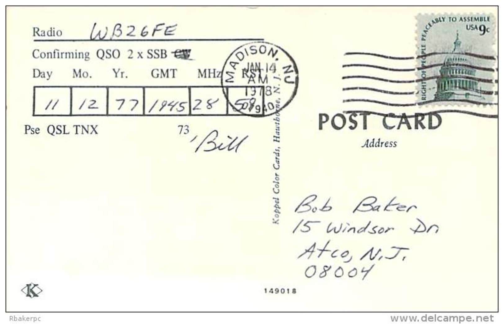 Amateur Radio QSL - W2RQ - Madison, NJ -USA- 1977 - 2 Scans - Radio Amateur