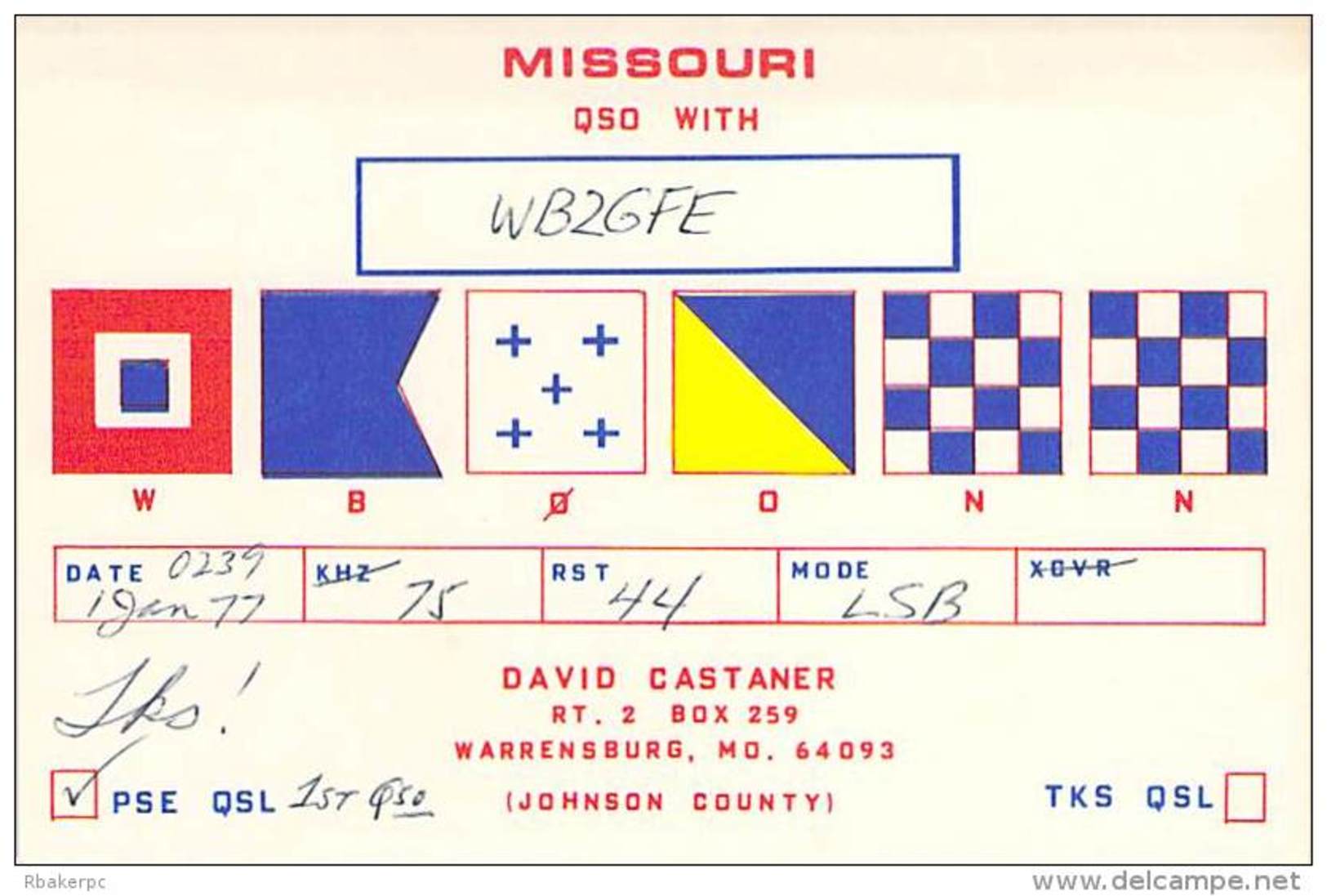 Amateur Radio QSL - WB0ONN - Warrensburg, MO -USA- 1977 - Radio Amateur
