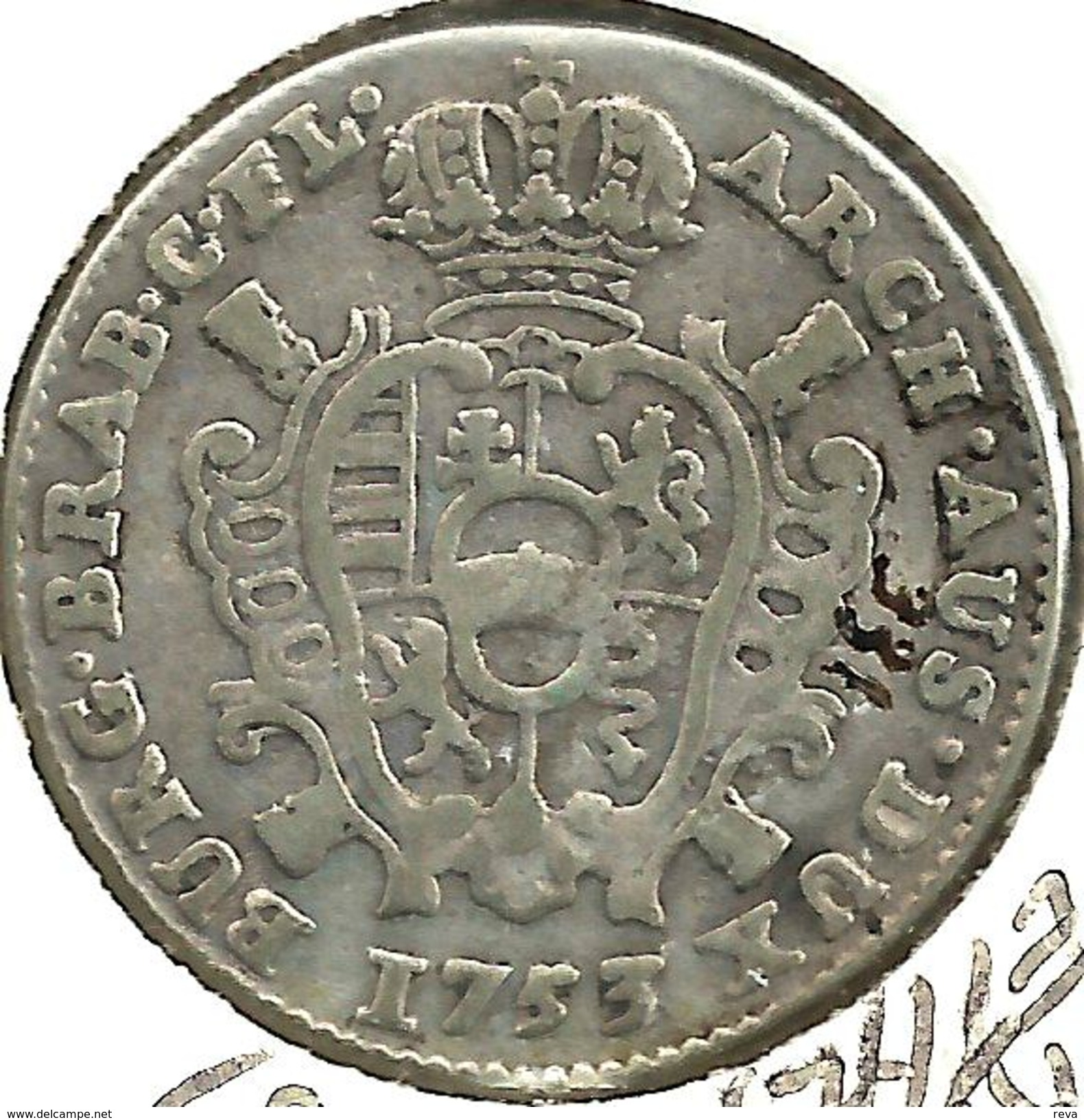 AUSTRIA NETHERLANDS 1 ESCALIN LION SHIELD FRONT M. THERESA SHIELD BACK 1753 AG SILVER KM15 READ DESCRIPTION CAREFULLY!! - Austria