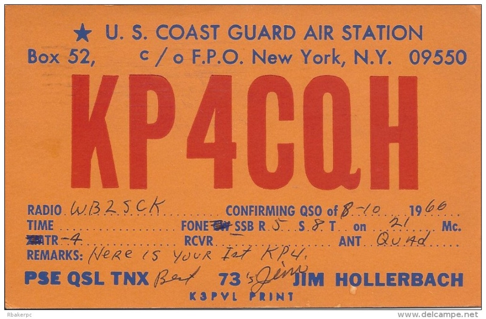 Amateur Radio QSL Card -  KP4CQH US Coast Guard Air Station Puerto Rico - 1966 - With Stamp - Radio Amateur