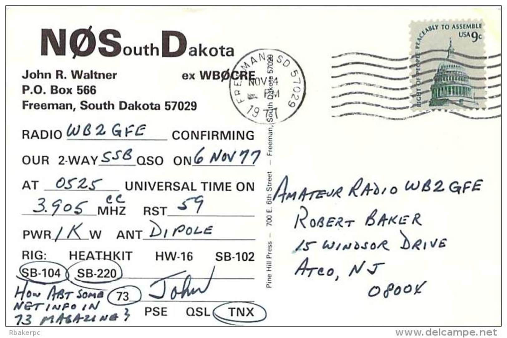 Amateur Radio QSL - N0SD - Freeman, SD -USA- 1977 - 2 Scans - Radio Amateur