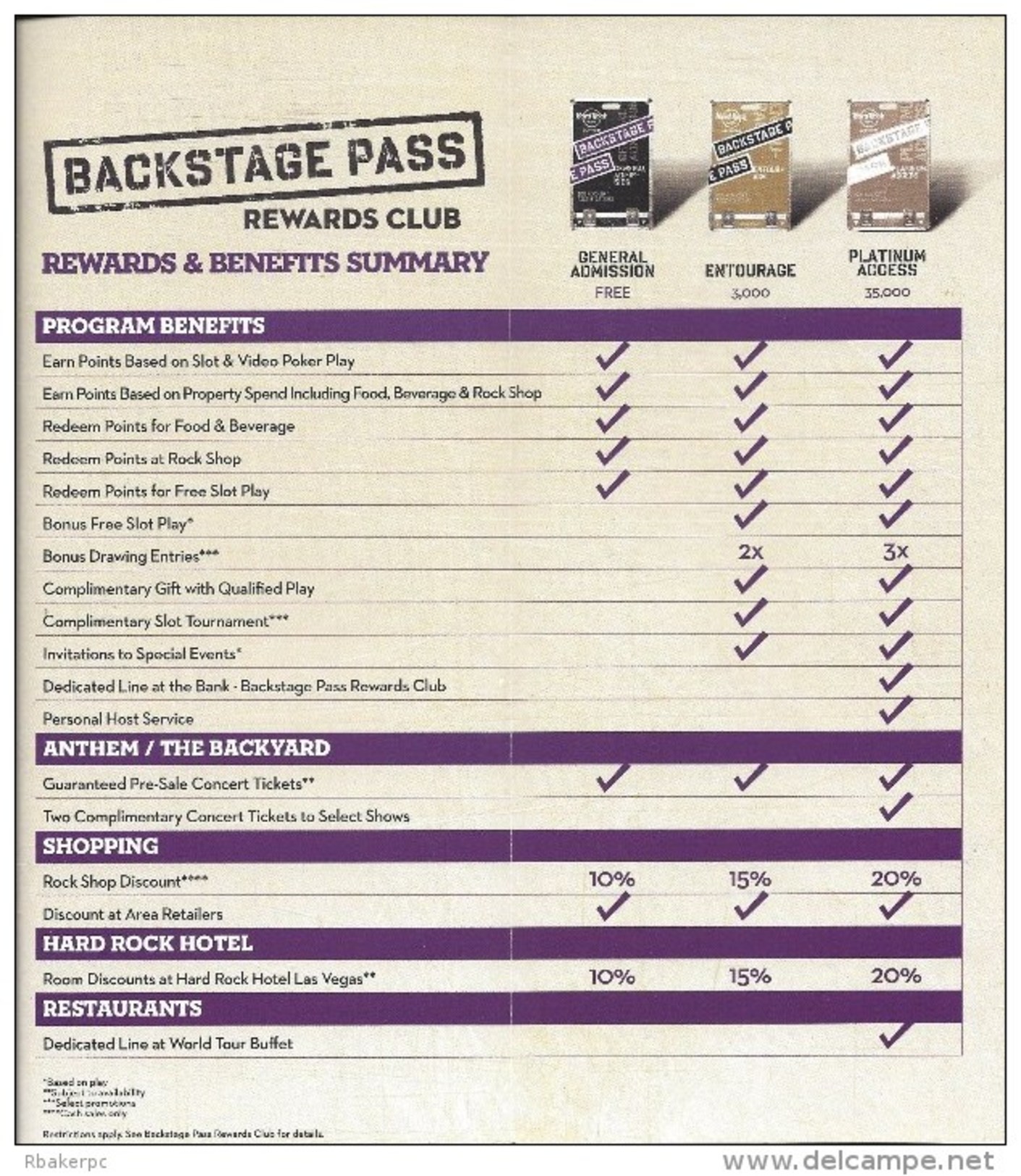 Paper Hard Rock Casino Sioux City, IA Backstage Pass Rewards Club Brochure - Advertising