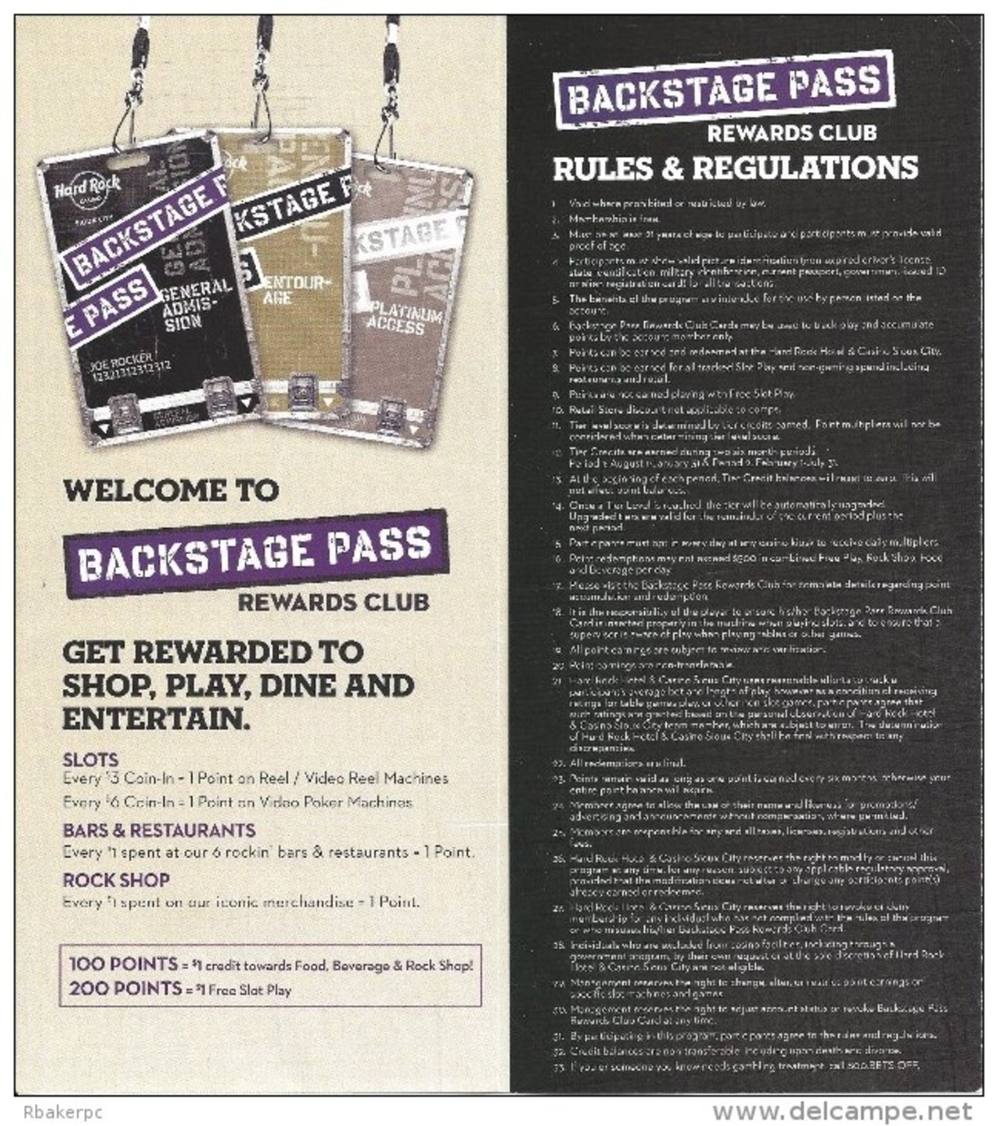 Paper Hard Rock Casino Sioux City, IA Backstage Pass Rewards Club Brochure - Advertising