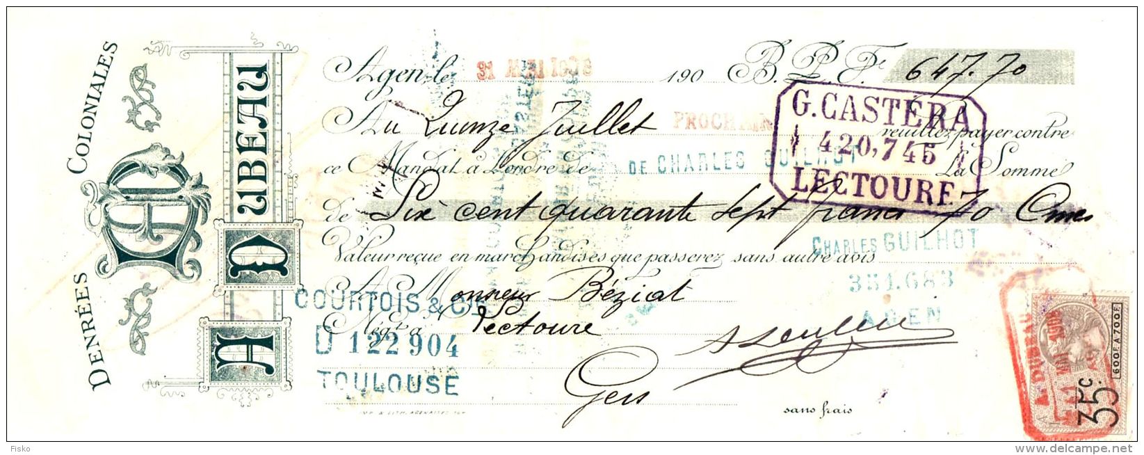 DUBEAU      Denrées Coloniales  AGEN (Correze)  Belle Typo ART NOUVEAU   1908 - Lettres De Change