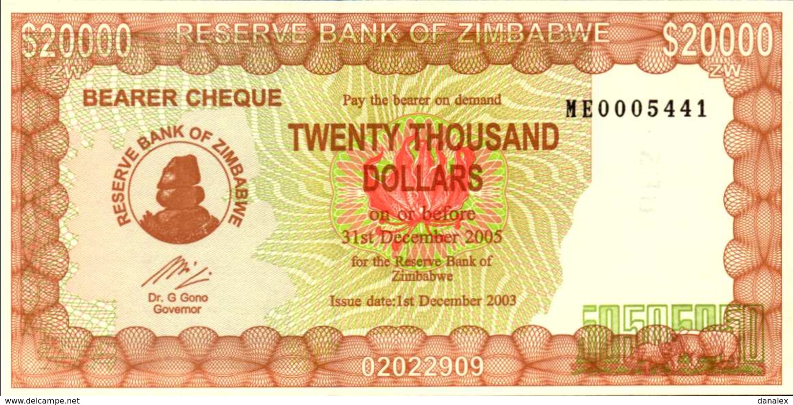 ZIMBABWE BEARER  CHEQUE 20000 DOLLARDS Du 1-12-2003  Pick 23e  UNC/NEUF - Zimbabwe