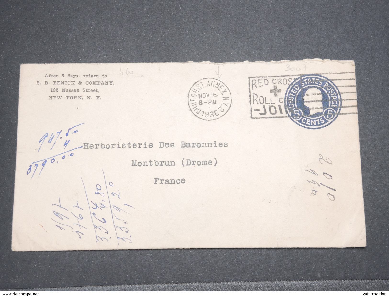 ETATS UNIS - Entier Postal De New York Pour La France En 1938 , Oblitération Croix Rouge - L 7651 - 1921-40