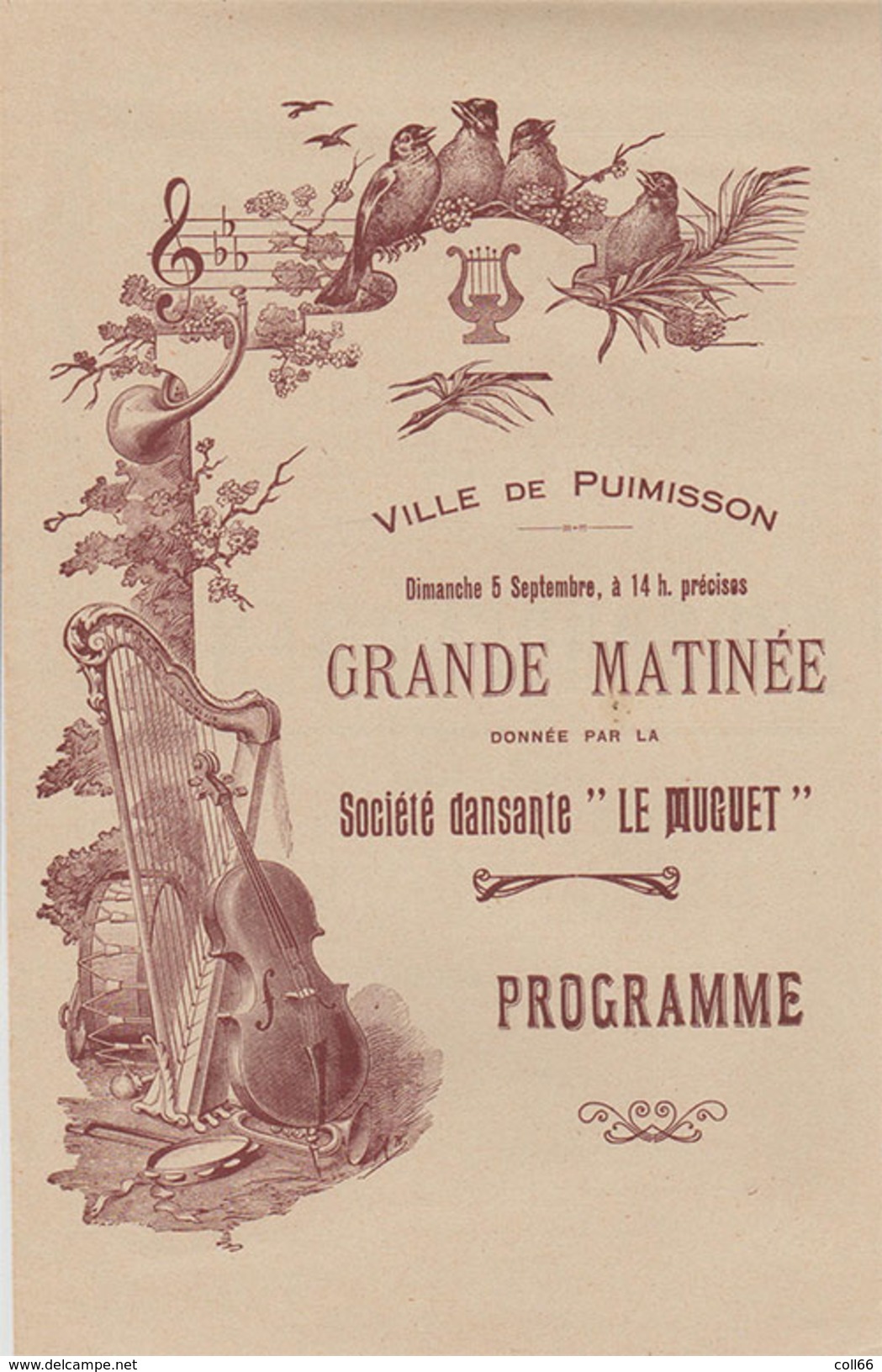 34 Ville De  Puimisson 1900-1910 Bal Programme Illustré Société Dansante "Le Muguet" Publicité Vin - Documents Historiques