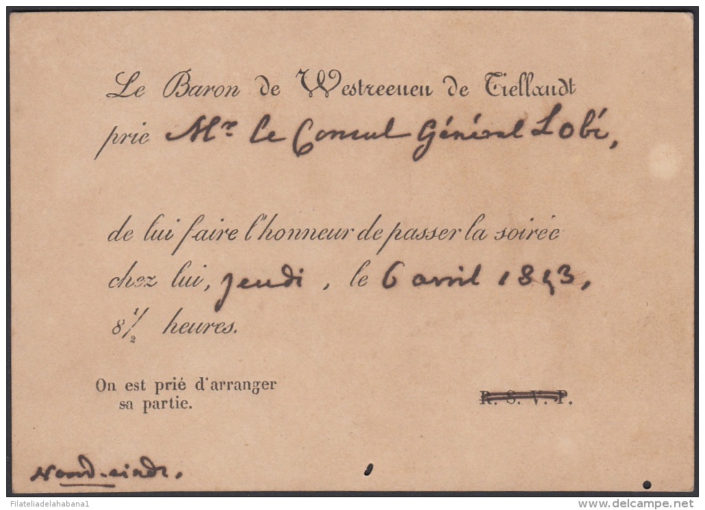POS-885 CUBA 1843. INVITATION TO THE AMBASSADOR OF HOLLAND IN HAVANA INVITACION AL EMBAJADOR DE HOLANDA EN LA HABANA. - Cuba