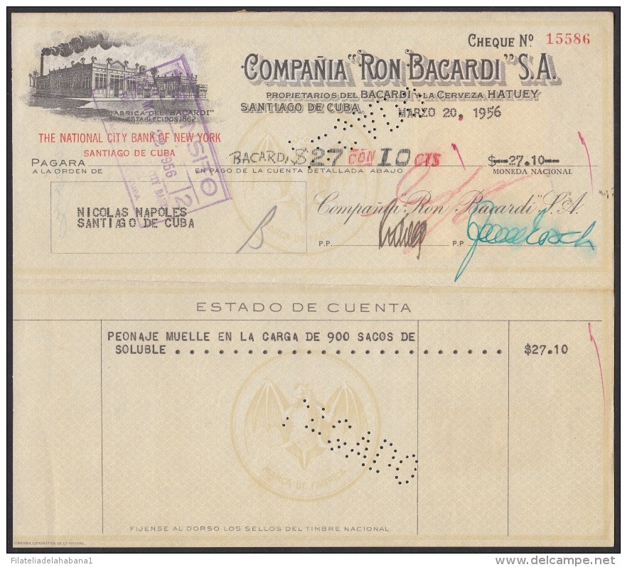 E5267 CUBA. 1956. FACTURA COMPAÑIA DE RON BACARDI. - Cheques & Traveler's Cheques