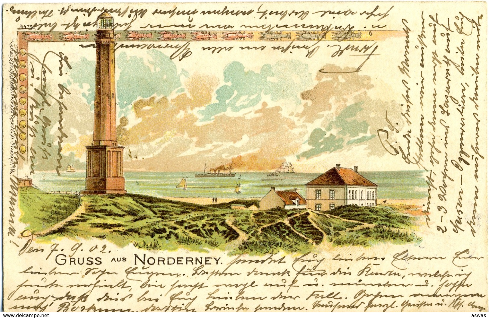 EARLY CHROMO VIGNETTE: GRUSS AUS NORDERNEY ~ STEAMER & LIGHTHOUSE ~ Pu1902 - Norderney