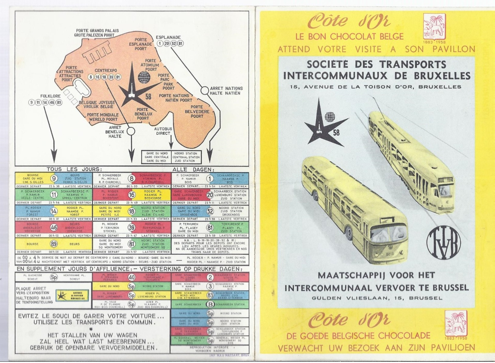 EXPO 1958 C^TE D' OR BELGISCHE CHOCOLADE CHOCOLAT BELGE TRANSPORTS BRUXELLES VERVOER BRUSSEL TRAM TRAMWAY - Publicités