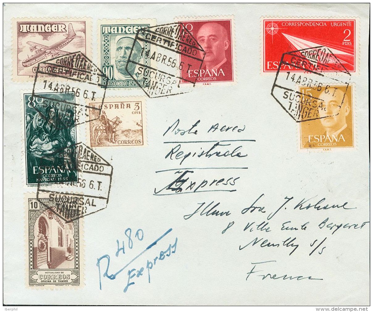 DEPENDENCIAS POSTALES ESPA&Ntilde;OLAS. T&aacute;nger. SOBRE 161, 171 1956. 90 Cts Verde, 10 Pts Casta&ntilde;o Lila Y D - Spaans-Marokko