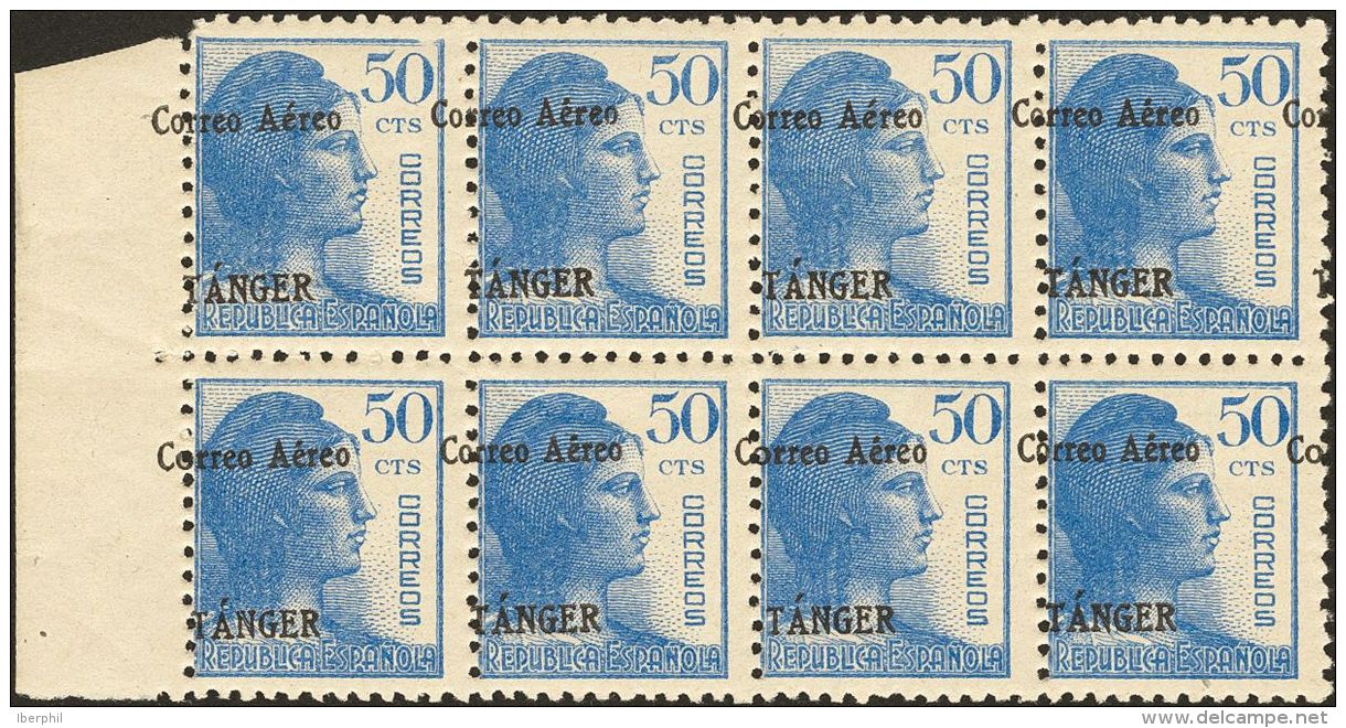 DEPENDENCIAS POSTALES ESPA&Ntilde;OLAS. T&aacute;nger. ** MNH 109(8) 50 Cts Azul, Bloque De Ocho. HABILITACION DESPLAZAD - Marocco Spagnolo