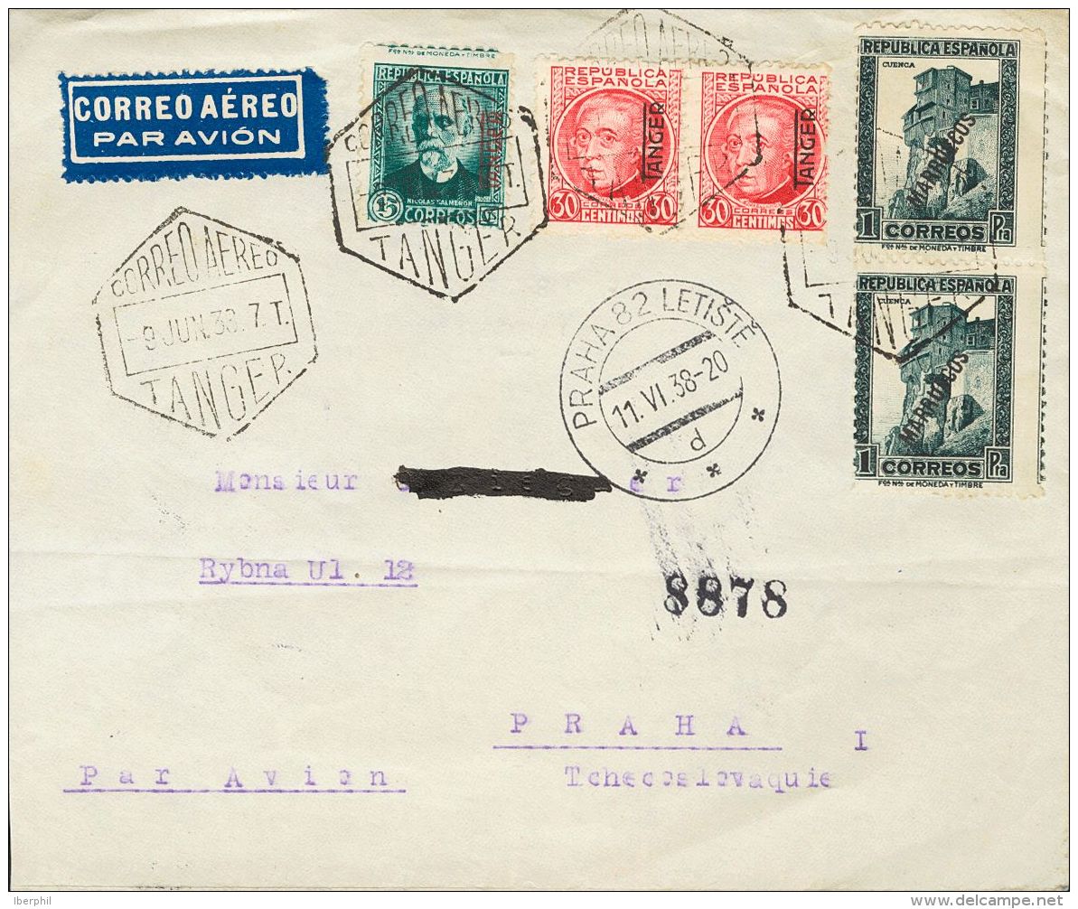 DEPENDENCIAS POSTALES ESPA&Ntilde;OLAS. T&aacute;nger. SOBRE 89, 92(2), 81(2) 1937. 15 Cts Verde, 30 Cts Carm&iacute;n, - Marocco Spagnolo