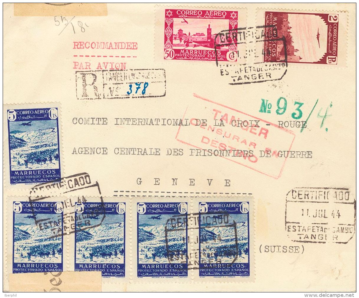 DEPENDENCIAS POSTALES ESPA&Ntilde;OLAS. SOBRE 241(5), 190, 194 1944. 5 Cts Azul, Cinco Sellos, 50 Cts Rosa Lila Y 2 Pts - Maroc Espagnol