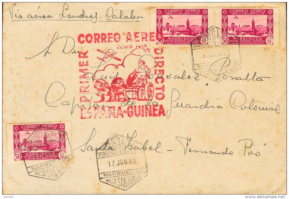 DEPENDENCIAS POSTALES ESPA&Ntilde;OLAS. SOBRE 190(3) 1948. 50 Cts Lila Rosa, Tres Sellos (carta Tonalizada). VILLA SANJU - Spanisch-Marokko