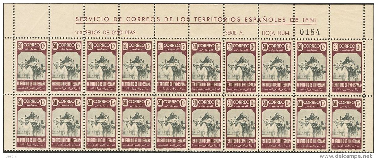 DEPENDENCIAS POSTALES ESPA&Ntilde;OLAS. Ifni. ** MNH 36(20) 50 Cts Casta&ntilde;o Violeta Y Gris, Bloque De Veinte, Cabe - Autres & Non Classés