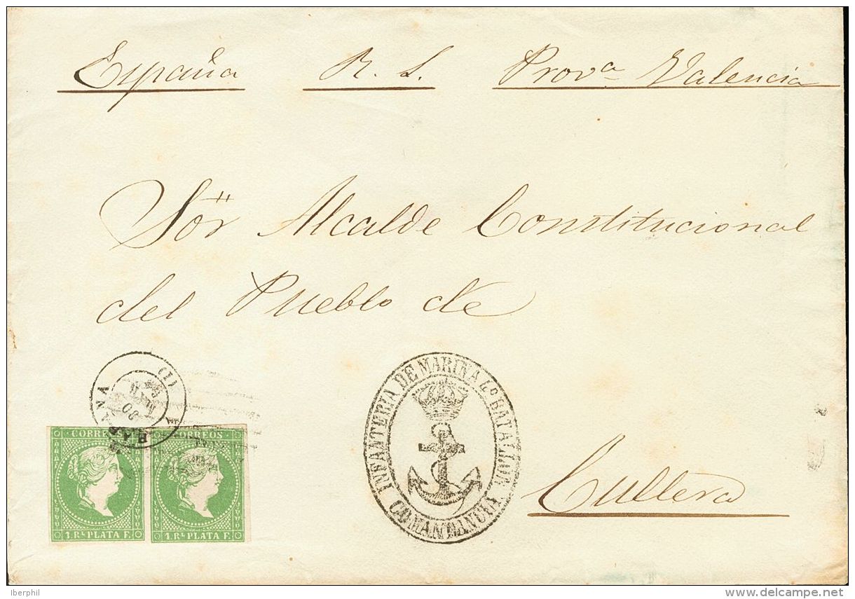 DEPENDENCIAS POSTALES ESPA&Ntilde;OLAS. Cuba. SOBRE 1860. 1 Real Verde, Pareja. LA HABANA A CULLERA. Matasello PARRILLA - Cuba (1874-1898)