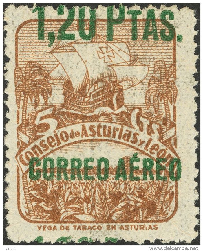 ASTURIAS Y LEON. ** MNH NE14hdv 1&acute;20 Pts Sobre 5 Cts Casta&ntilde;o NO EMITIDO. Variedad SOBRECARGA DESPLAZADA VER - Asturië & Leon