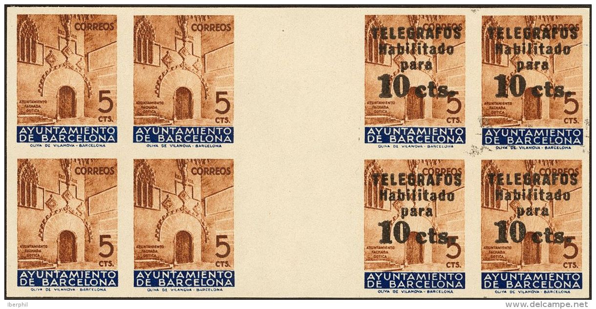 AYUNTAMIENTO DE BARCELONA. Tel&eacute;grafos. (*) 9(8) 10 Cts Sobre 5 Cts Casta&ntilde;o Y Azul, Bloque De Ocho Con Inte - Barcelona