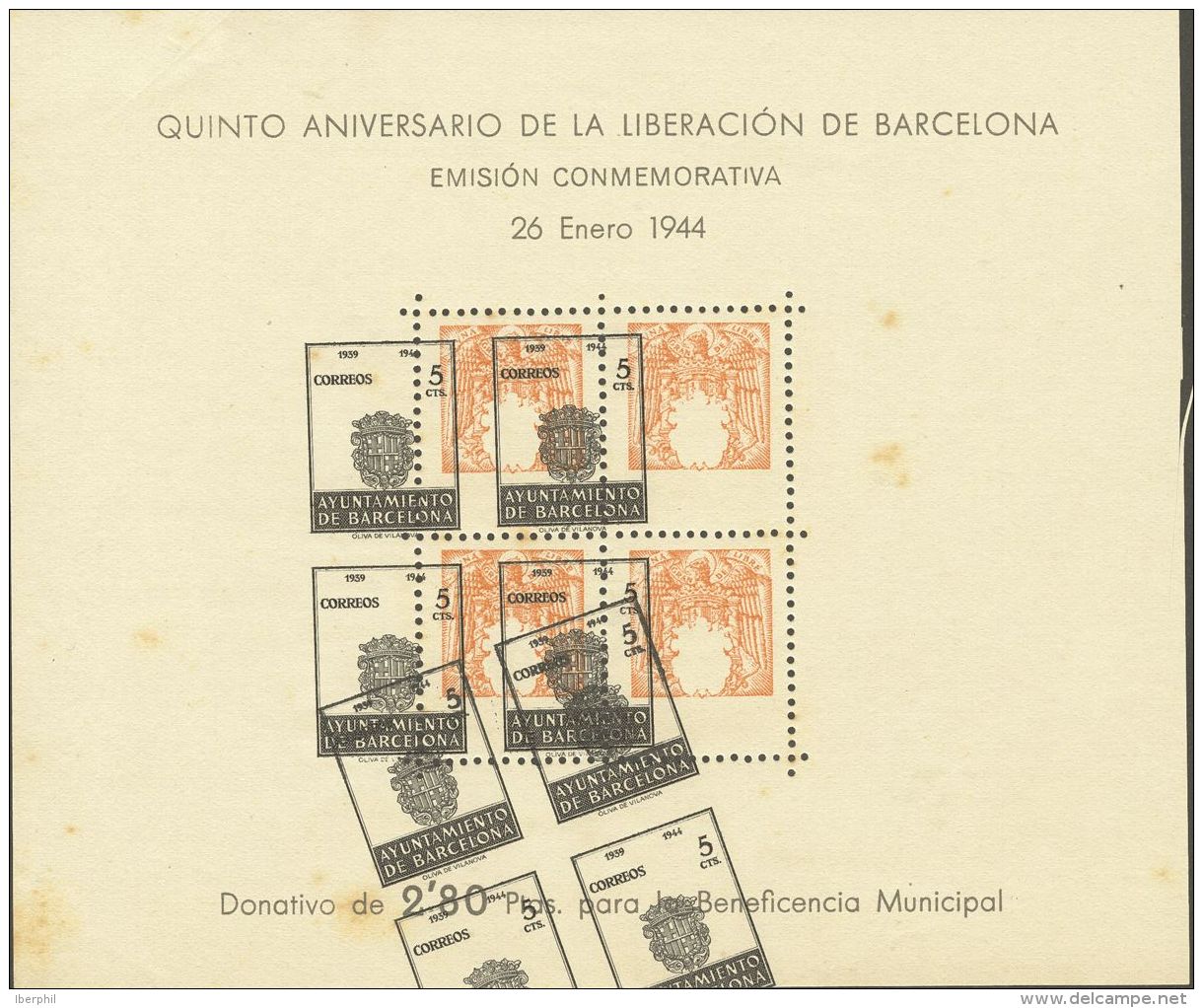 AYUNTAMIENTO DE BARCELONA. * MH 60P 5 Cts Naranja, Hoja Bloque. PRUEBA DE IMPRESION, De Encuadre Del Dibujo. MAGNIFICA Y - Barcelona