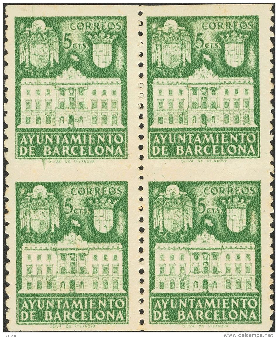 AYUNTAMIENTO DE BARCELONA. * MH 35(4) 5 Cts Verde, Bloque De Cuatro. SIN DENTADO HORIZONTAL. MAGNIFICO Y RARO, NO CATALO - Autres & Non Classés