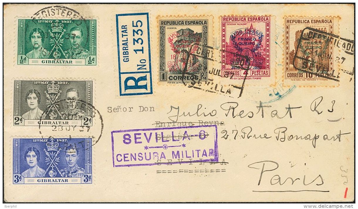 EMISIONES LOCALES PATRIOTICAS. Sevilla. SOBRE 49/51 1937. 1 Pts Pizarra, 4 Pts Carm&iacute;n Lila, 10 Pts Casta&ntilde;o - Nationalistische Uitgaves