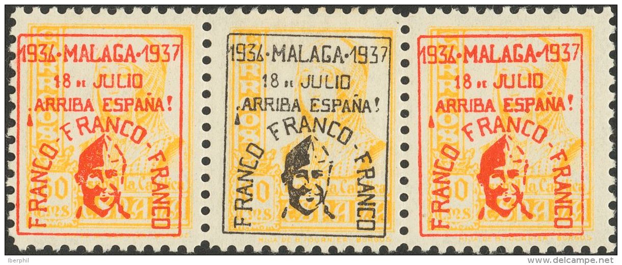 EMISIONES LOCALES PATRIOTICAS. M&aacute;laga. * MH 46T 60 Cts Amarillo, Tira De Tres. Sobrecarga Roja-negra-roja. MAGNIF - Nationalistische Uitgaves