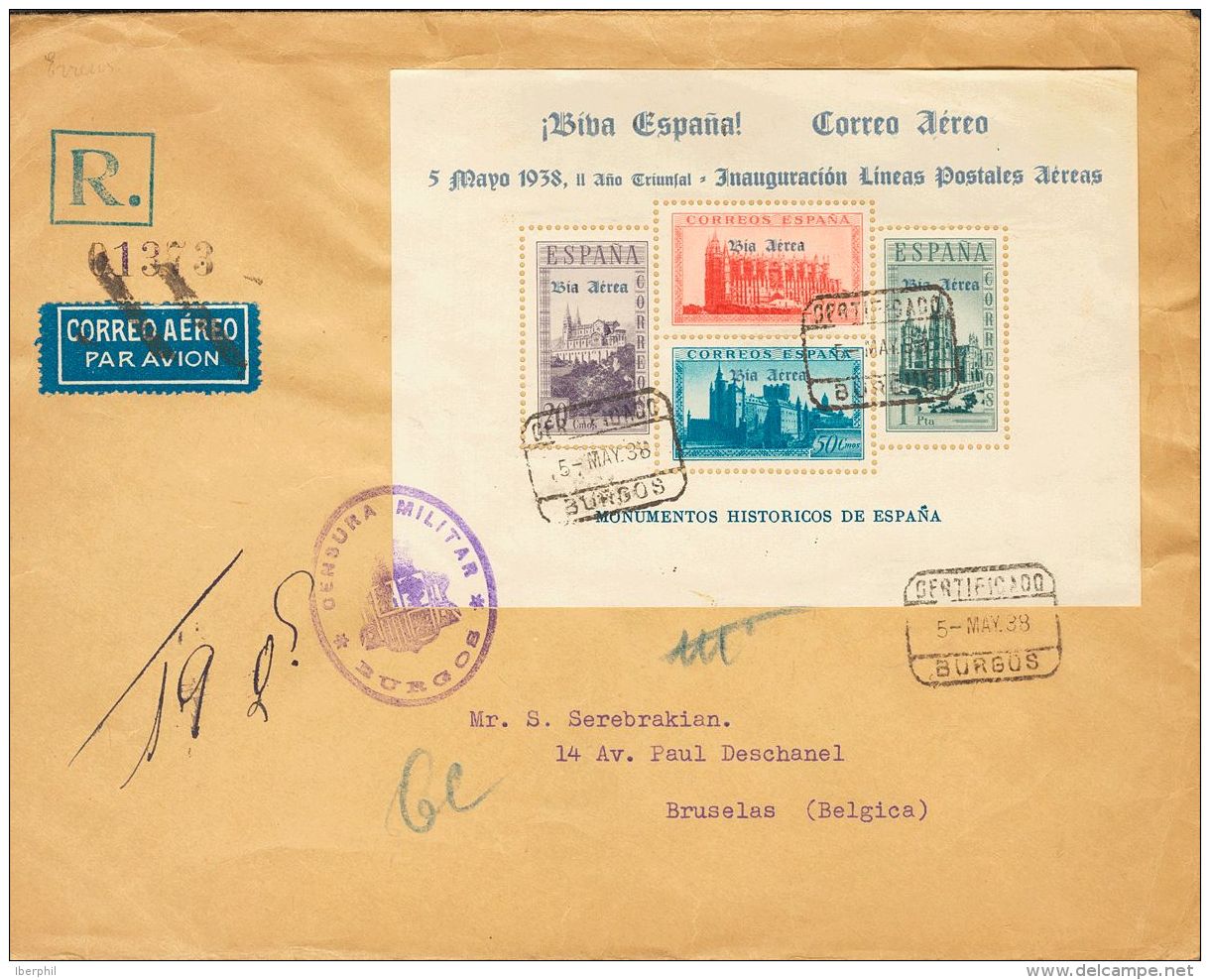 EMISIONES LOCALES PATRIOTICAS. Burgos. SOBRE 95 1938. Hoja Bloque. Certificado A&eacute;reo De BURGOS A BRUSELAS (BELGIC - Emissions Nationalistes