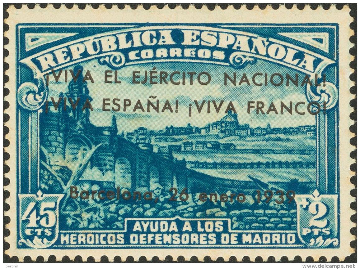 EMISIONES LOCALES PATRIOTICAS. Barcelona. ** MNH 23 45 Cts + 2 Pts Azul. MAGNIFICO Y MUY RARO. - Emissions Nationalistes