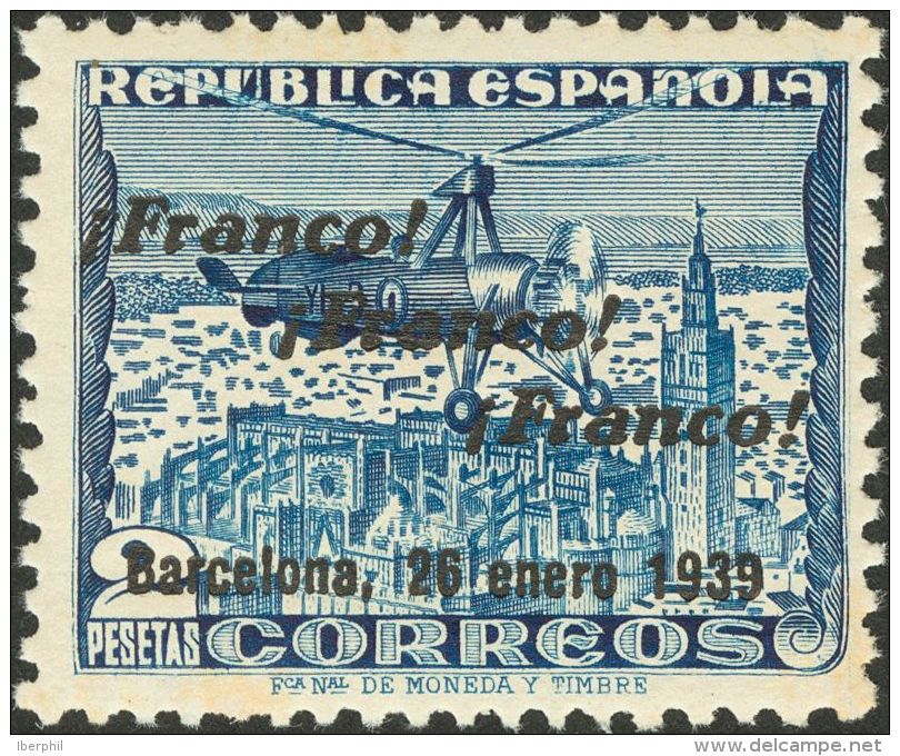 EMISIONES LOCALES PATRIOTICAS. Barcelona. ** MNH 21 2 Pts Azul. MAGNIFICO Y RARO. - Emissions Nationalistes