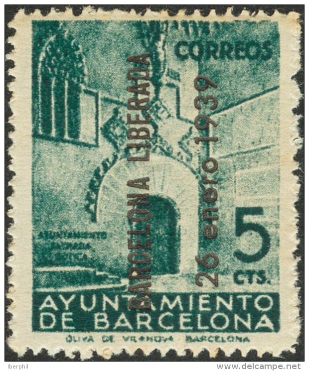 EMISIONES LOCALES PATRIOTICAS. Barcelona. ** MNH 18 5 Cts Azul. MAGNIFICO Y MUY RARO. - Nationalist Issues