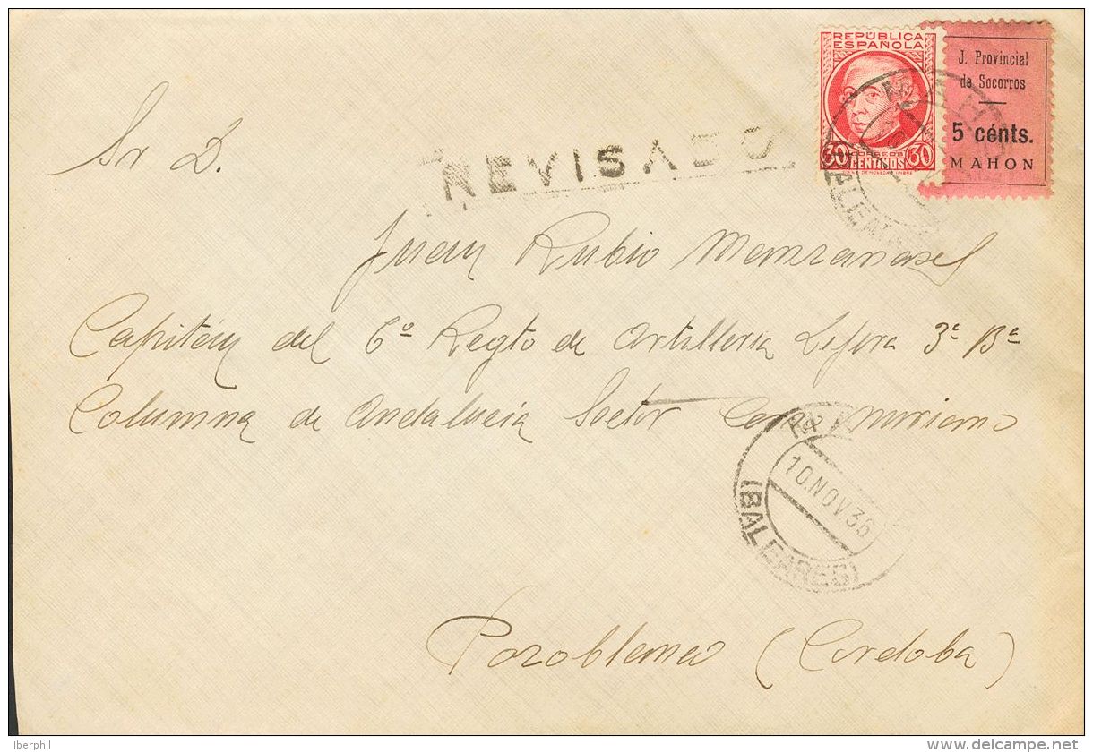 GUERRA CIVIL. Locales. SOBRE 687 1936. 30 Cts Carm&iacute;n Y 5 Cts Rosa (Tipo I) Local De JUNTA PROVINCIAL DE SOCORROS - Autres & Non Classés