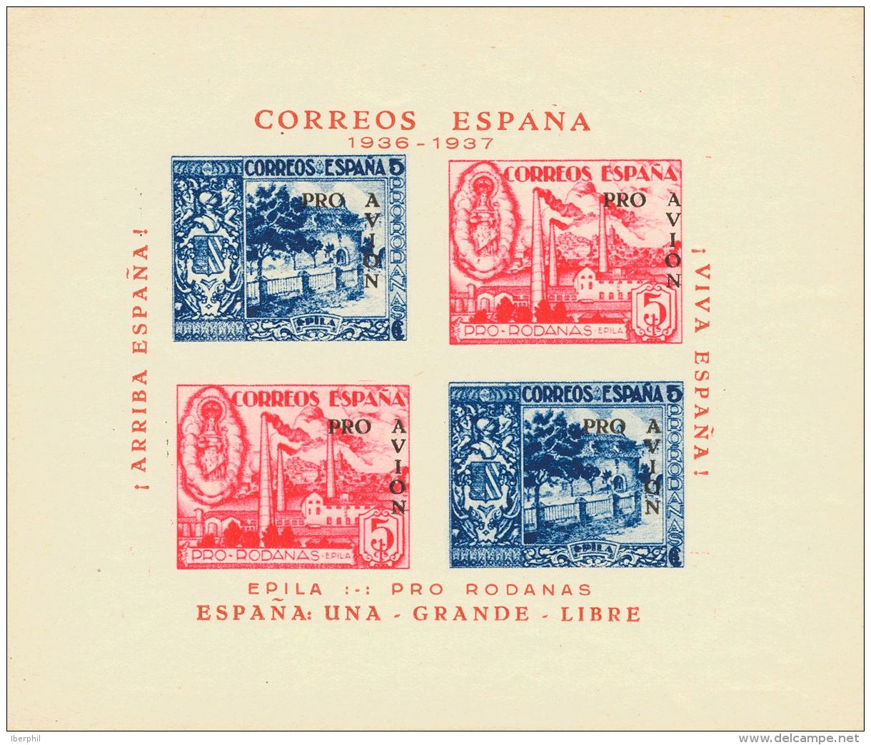 GUERRA CIVIL. Locales. ** MNH Hoja Bloque EPILA 5 Cts Azul + 5 Cts Rosa PRO AVION, En Negro. VARIEDAD SIN NUMERACION AL - Autres & Non Classés