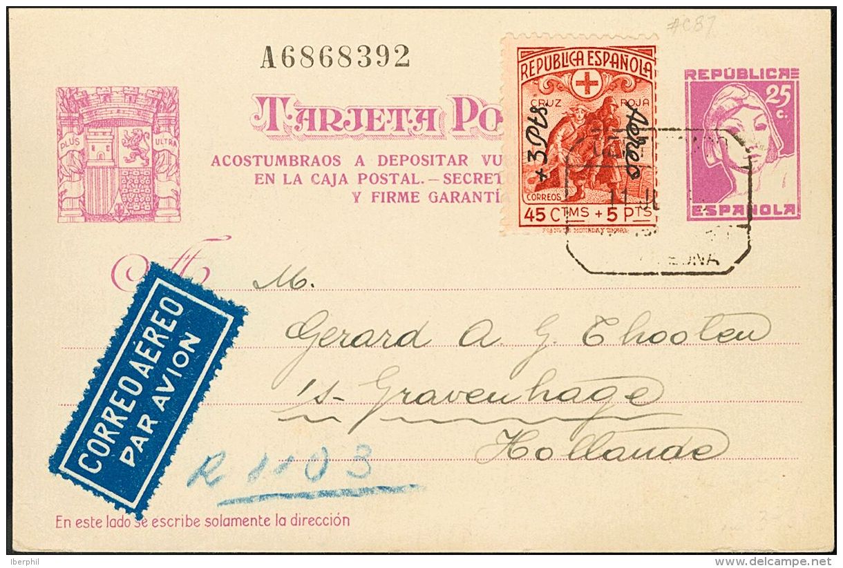 ENTEROS POSTALES. SOBRE EP75, 768 1938. 25 Cts Lila Sobre Tarjeta Entero Postal Certificada De BARCELONA A LA HAYA (HOLA - Other & Unclassified