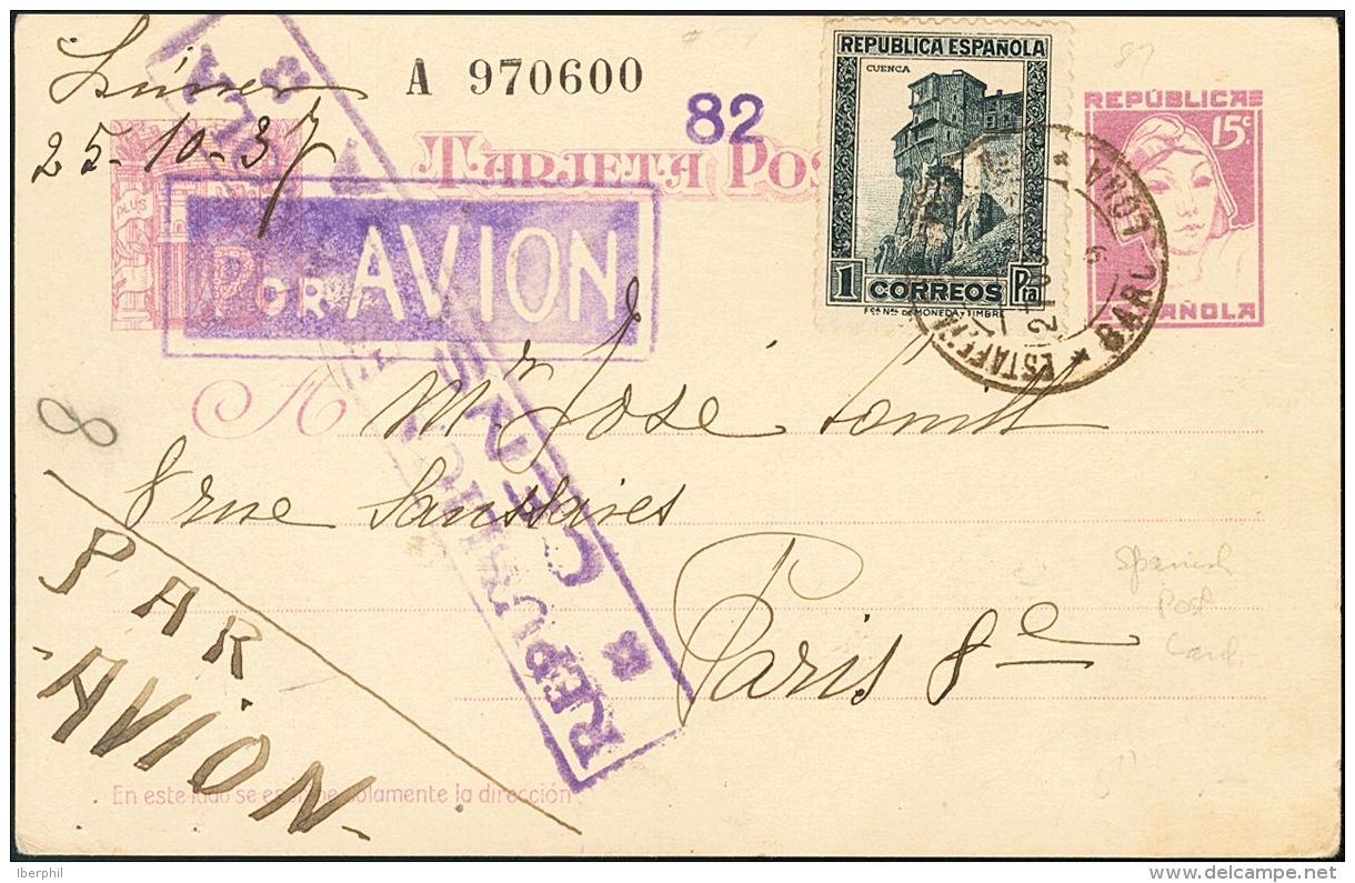 ENTEROS POSTALES. SOBRE EP75 1937. 15 Cts Lila Sobre Tarjeta Entero Postal Correo A&eacute;reo De BARCELONA A PARIS (FRA - Other & Unclassified