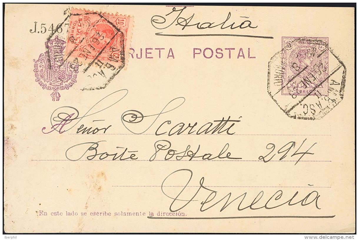 ENTEROS POSTALES. SOBRE EP50, 269 1923. 15 Cts Violeta Sobre Tarjeta Entero Postal De MALAGA A VENECIA (ITALIA), Con Fra - Autres & Non Classés