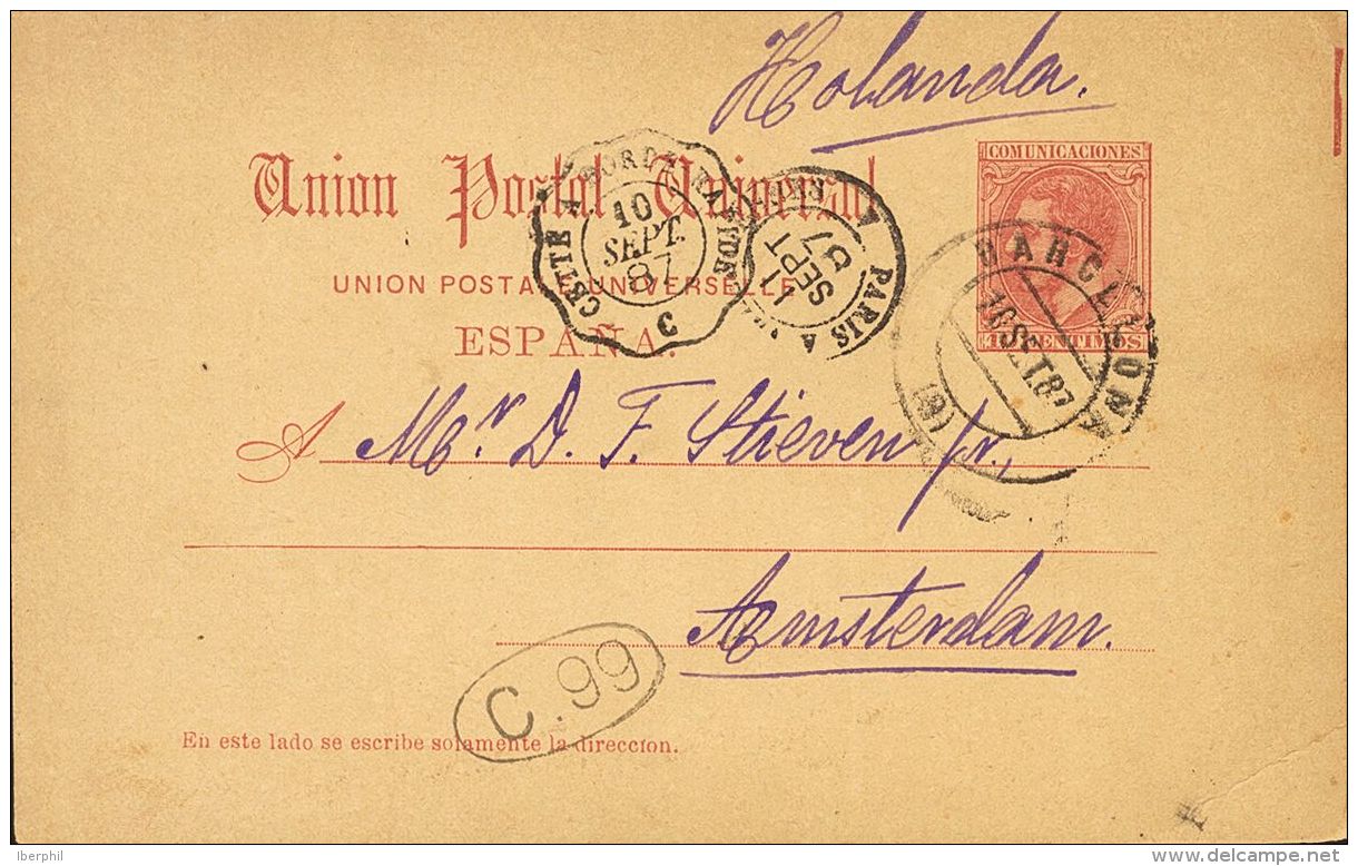 ENTEROS POSTALES. SOBRE EP15 1887. 10 Cts Carm&iacute;n Sobre Tarjeta Entero Postal De BARCELONA A AMSTERDAM (HOLANDA). - Other & Unclassified