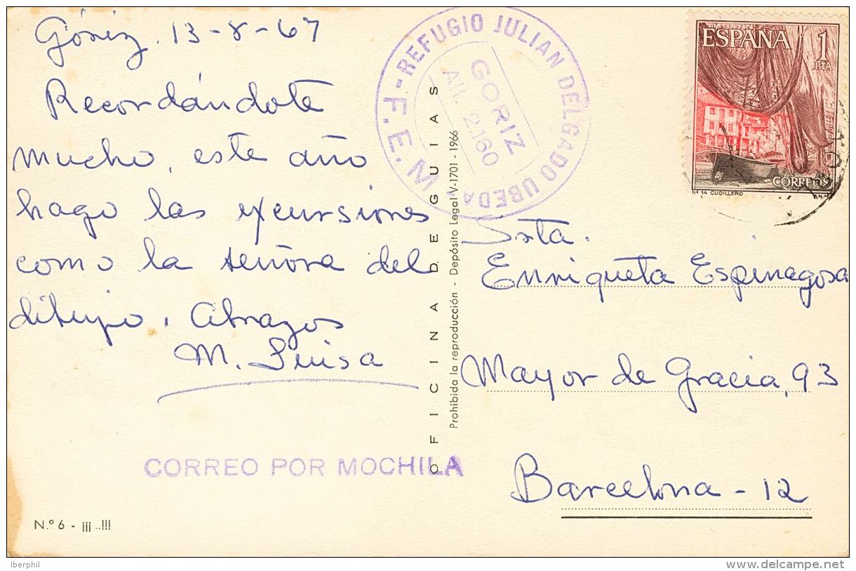 2&ordm; CENTENARIO. SOBRE 1648 1967. 1 Pts Multicolor. Tarjeta Postal De GORIZ (HUESCA) A BARCELONA. En El Frente Marcas - Altri & Non Classificati