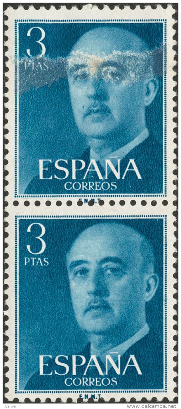 2&ordm; CENTENARIO. ** MNH 1159x(2) 3 Pts Azul, Pareja Vertical. Variedad PAPEL EMPALMADO. MAGNIFICA Y RARA. (Edifil 201 - Autres & Non Classés