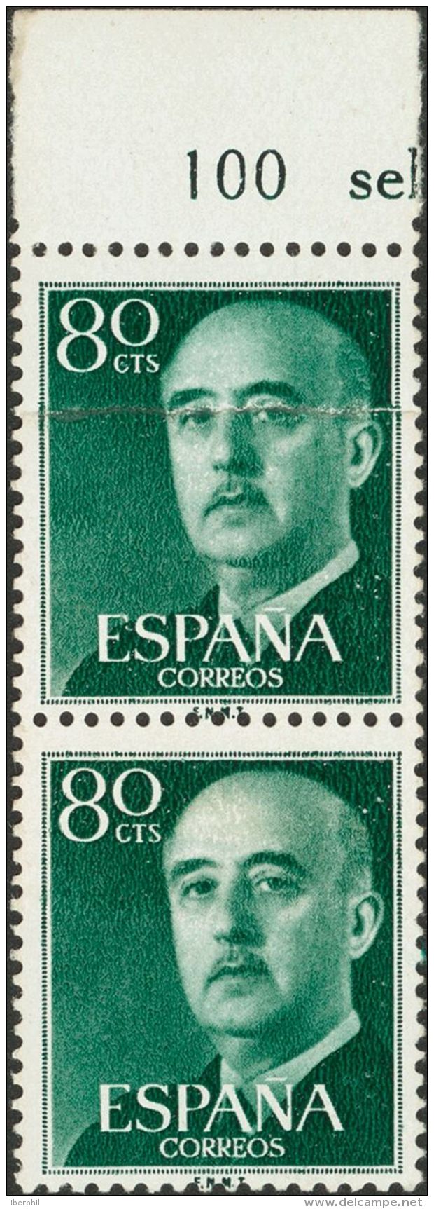 2&ordm; CENTENARIO. ** MNH 1152x(2) 80 Cts Verde, Pareja Vertical. Variedad EMPALME DE PAPEL. MAGNIFICO Y RARO. (Edifil - Altri & Non Classificati