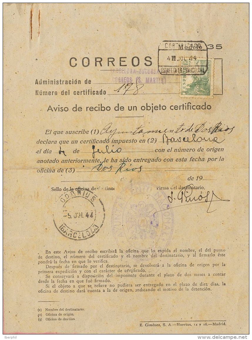 ESTADO ESPA&Ntilde;OL. Cifras Y Cid. SOBRE 918 1944. 15 Cts Verde. Aviso De Recibo De Certificado De BARCELONA A DOSRIUS - Andere & Zonder Classificatie