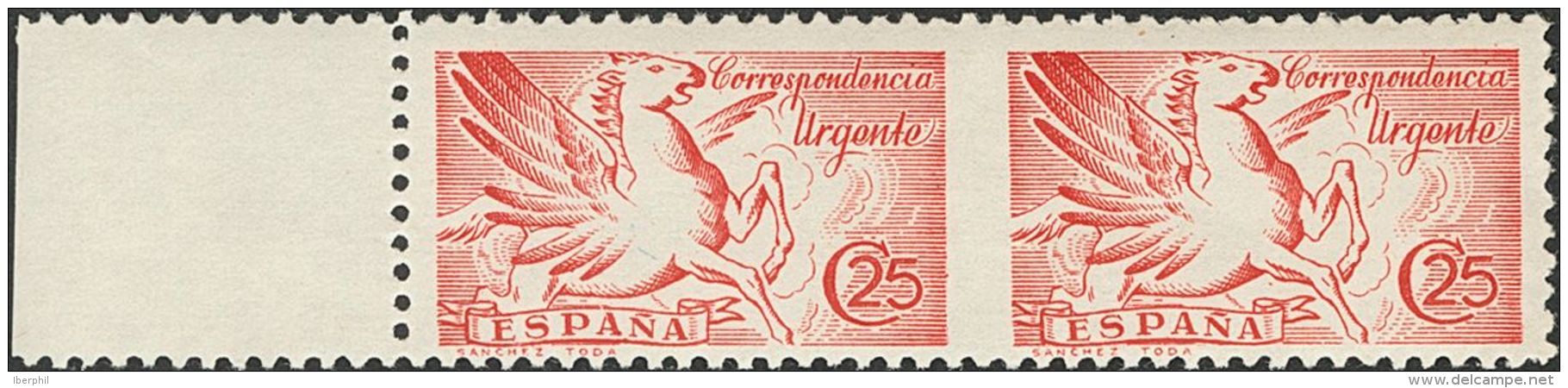 ESTADO ESPA&Ntilde;OL. Urgente. ** MNH 879sph 25 Cts Rosa Carm&iacute;n, Pareja. Variedad SIN DENTAR ENTRE LOS SELLOS. M - Andere & Zonder Classificatie