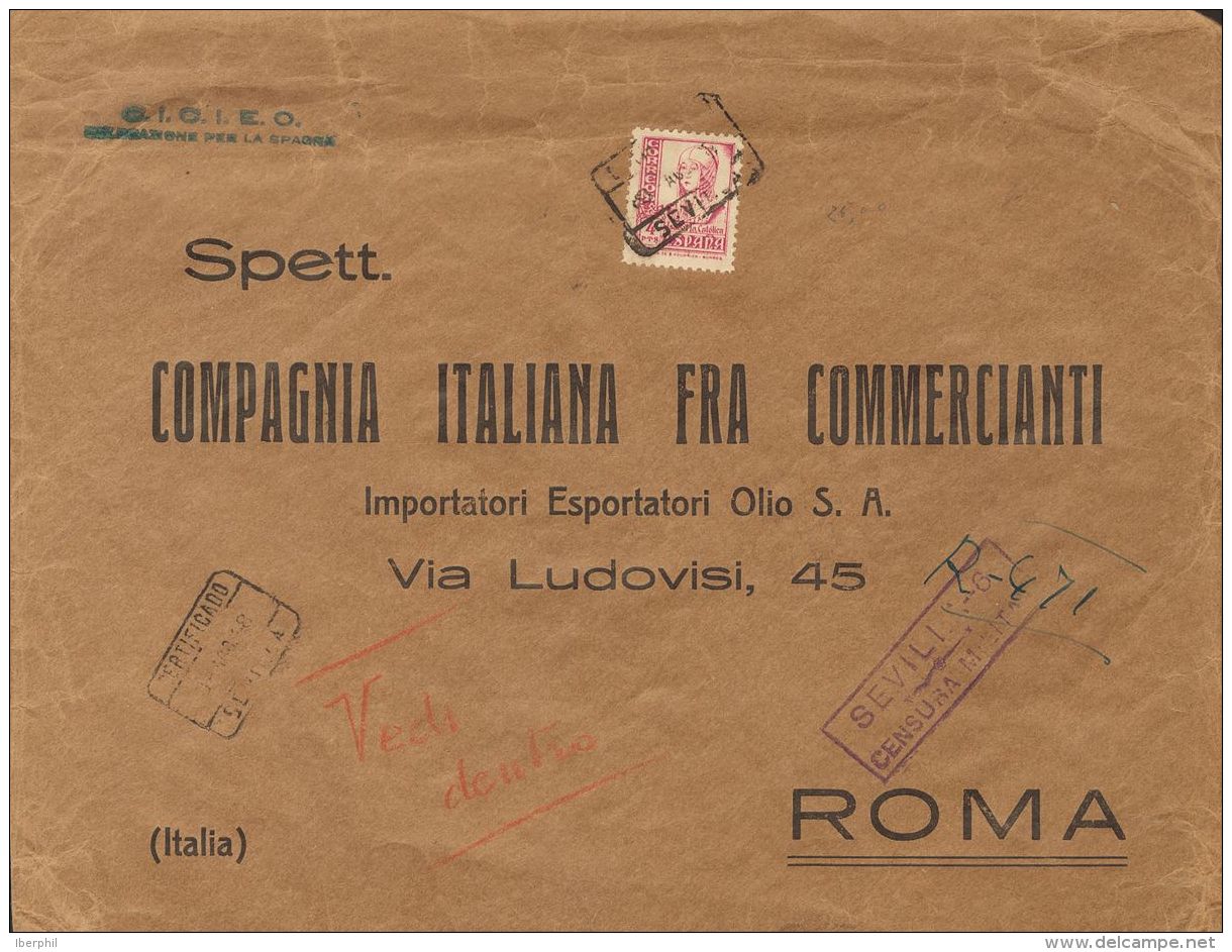 ESTADO ESPA&Ntilde;OL. Cid, Cifras E Isabel. SOBRE 829 1938. 4 Pts Carm&iacute;n. Correo A&eacute;reo De SEVILLA A ROMA - Autres & Non Classés