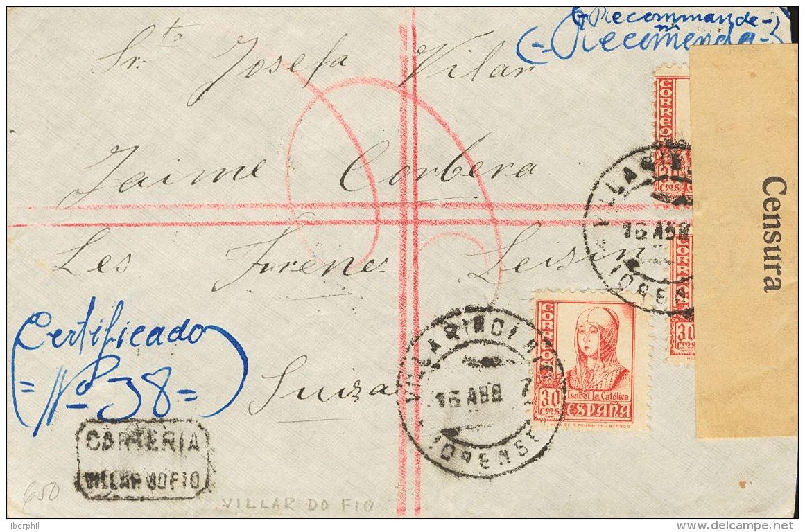 ESTADO ESPA&Ntilde;OL. Cid, Cifras E Isabel. SOBRE 823(3) 1937. 30 Cts Rosa, Tres Sellos. Certificado De CASTI&Ntilde;EI - Autres & Non Classés