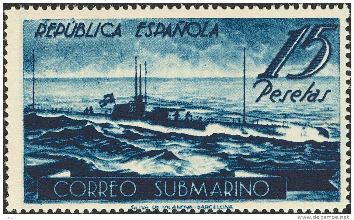 II REPUBLICA. Submarino. * MH 780ccb 15 Pts Azul &iacute;ndigo. CAMBIO DE COLOR. MAGNIFICO Y RARO. (Edifil 2015: 143&eur - Altri & Non Classificati