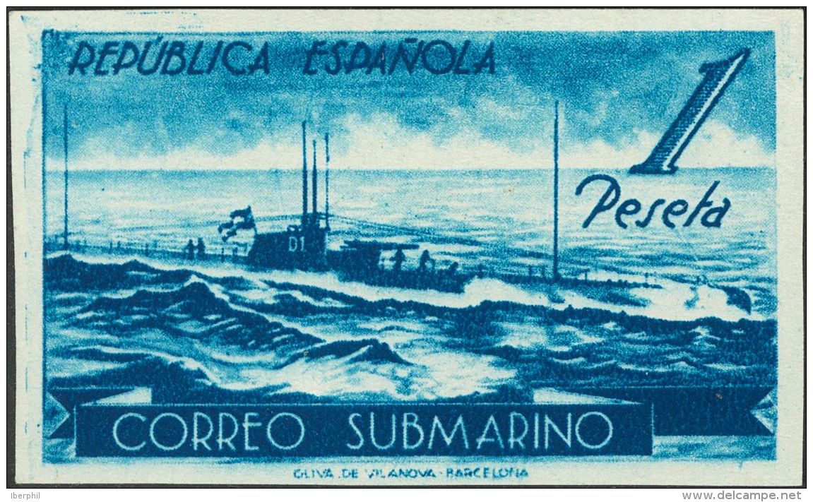 II REPUBLICA. Submarino. (*) 775ccgs 1 Pts Azul. CAMBIO DE COLOR Y SIN DENTAR. MAGNIFICO. (Edifil 2015: 198&euro;) - Altri & Non Classificati