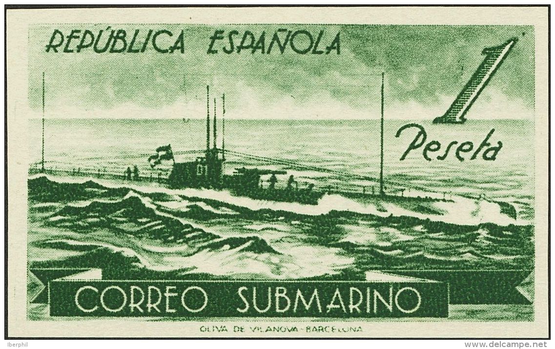 II REPUBLICA. Submarino. (*) 775ccfs 1 Pts Verde Oscuro. COLOR CAMBIADO Y SIN DENTAR. MAGNIFICO. (Edifil 2015: 198&euro; - Autres & Non Classés