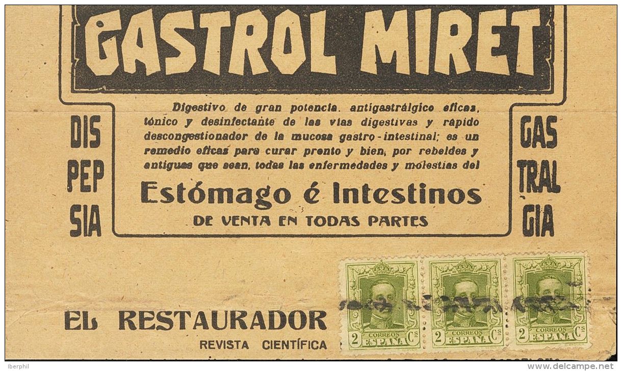 SIGLO XX. Alfonso XIII. Vaquer. SOBRE 310(3) (1922ca). 2 Cts Verde Oliva, Tira De Tres. Faja Publicitaria De La Revista - Autres & Non Classés