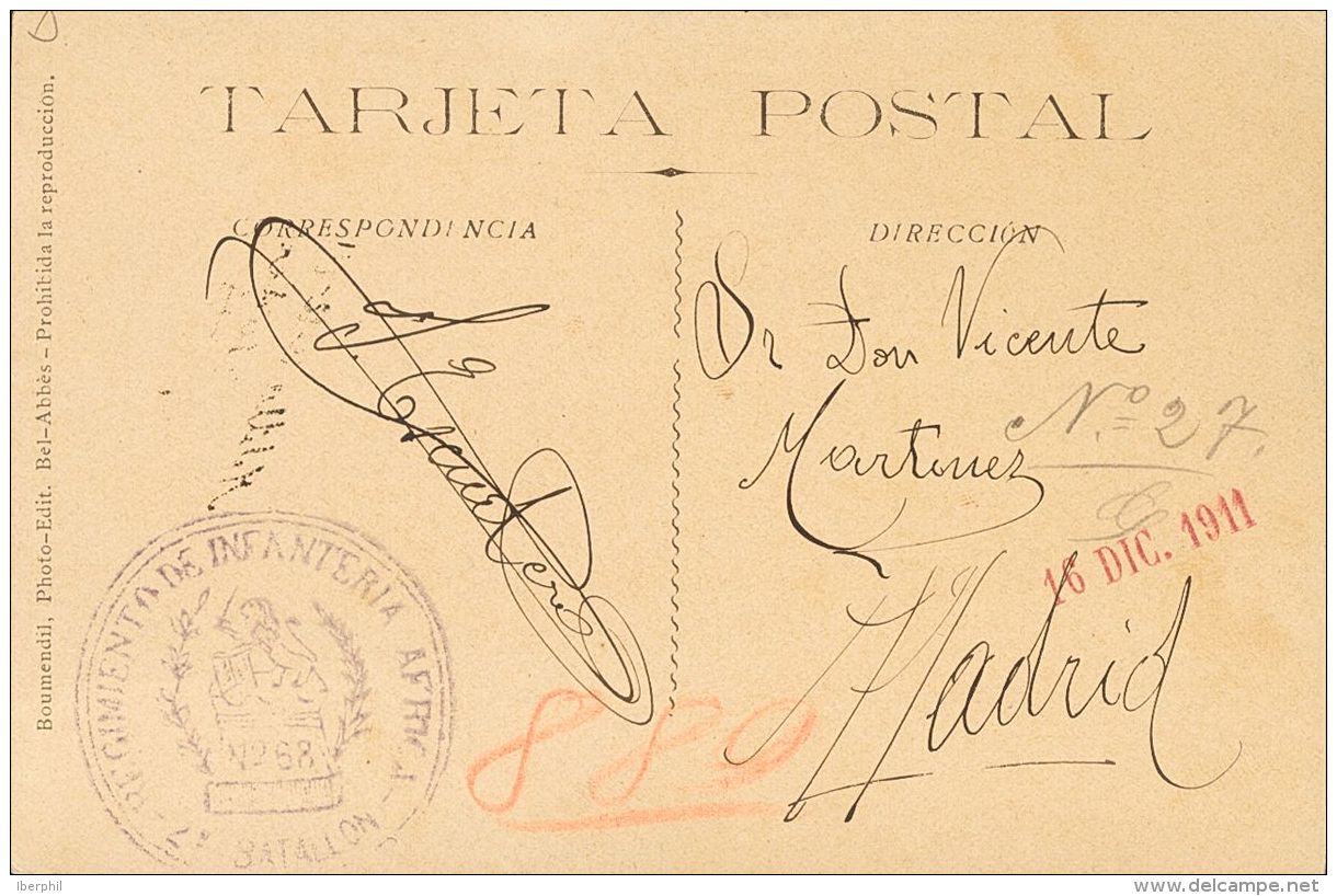 SIGLO XX. Alfonso XIII. Medall&oacute;n. SOBRE 1911. Tarjeta Postal De MELILLA A MADRID. Marca De Franquicia REGIMIENTO - Autres & Non Classés